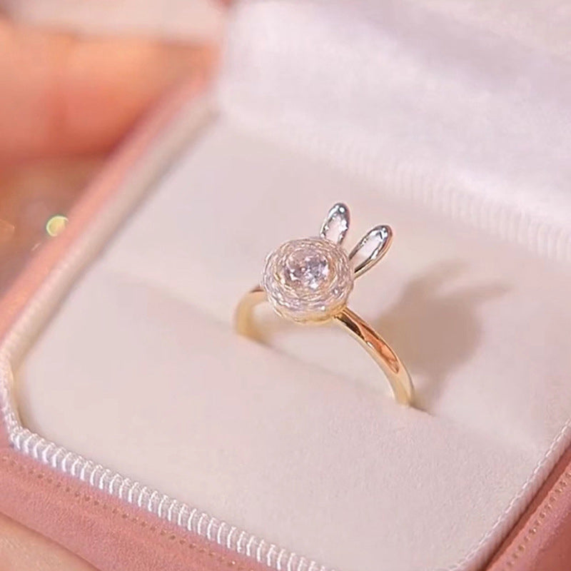 Venta al por mayor Anillo Cobre Zircon Conejo Giratorio Ajustable OLY-RS-BY001