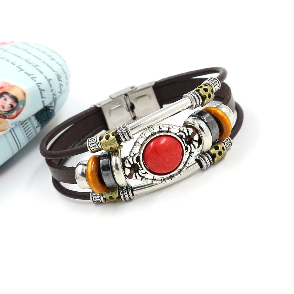 Wholesale Turquoise Beads Leather Stainless Steel Bracelet