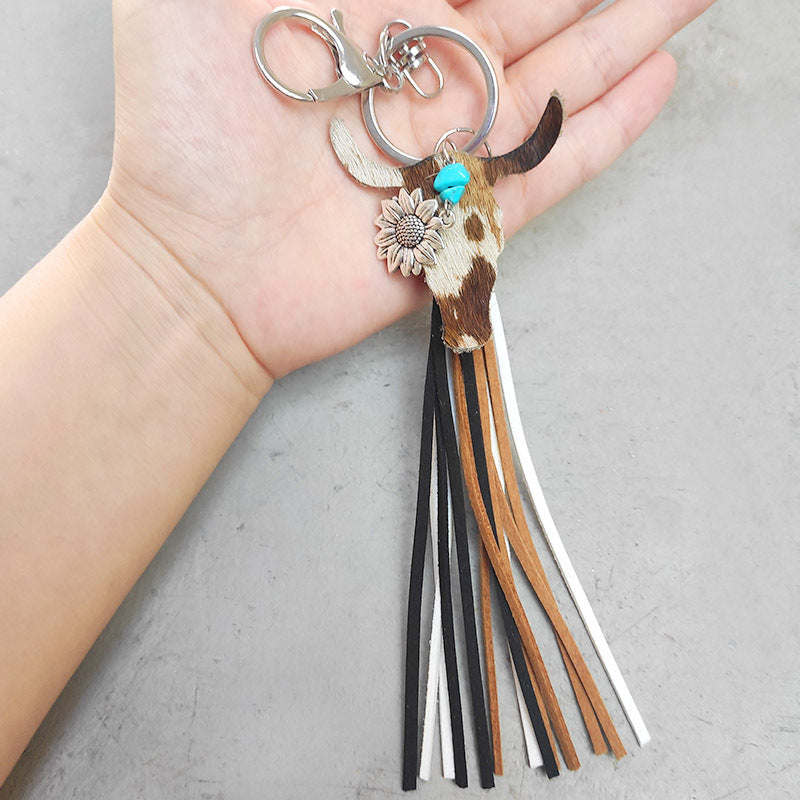 Al por mayor al por mayor del llavero de girasol de tasel de cuero de cuero de cuero un paquete de dos