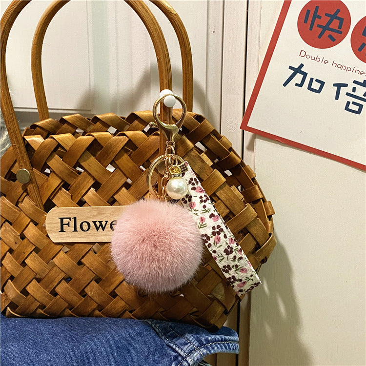 Wholesale Plush Floral Ribbon Pom Keychain