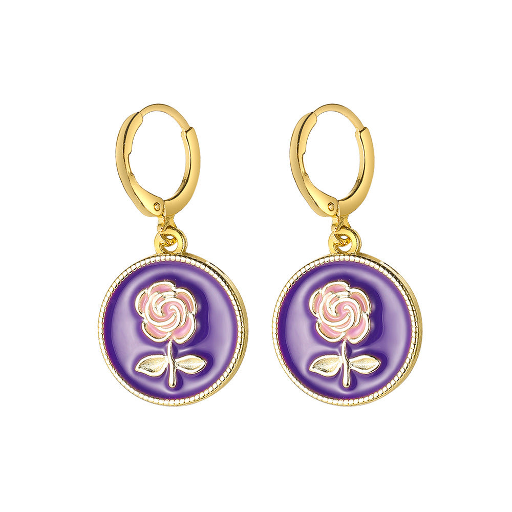 Wholesale Colored Oil Drip Rose Alloy Earrings
