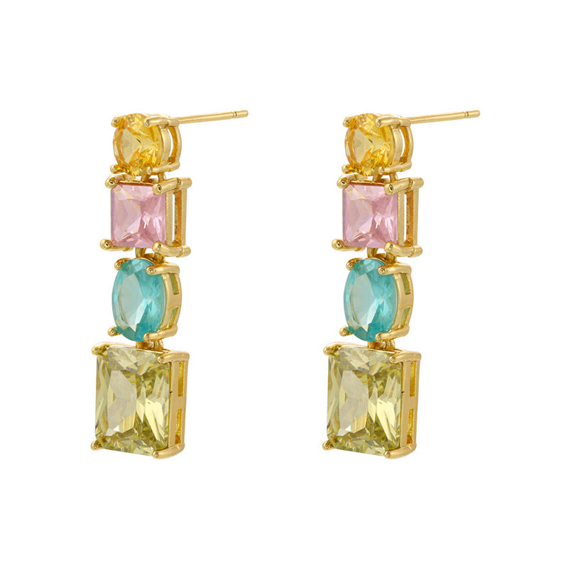 Wholesale Colored Diamond Candy Color Geometric Zircon Prongs Copper Earrings