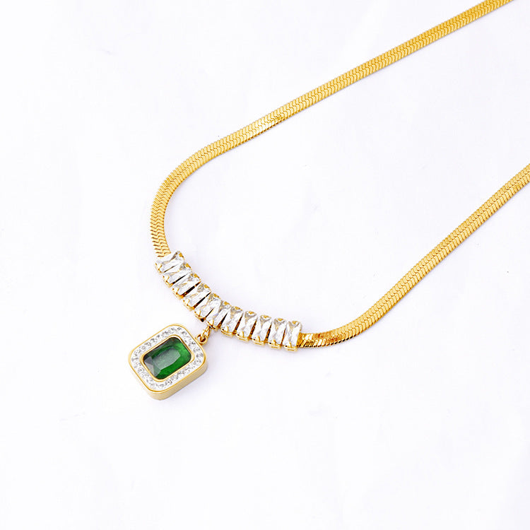 Wholesale Flat Snake Chain Green Diamond Square Titanium Steel Necklaces