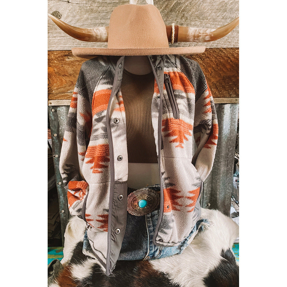 Wholesale Winter Aztec Printed Western Style Polyester Cardigan Jacket Fashion Contrast Fleece