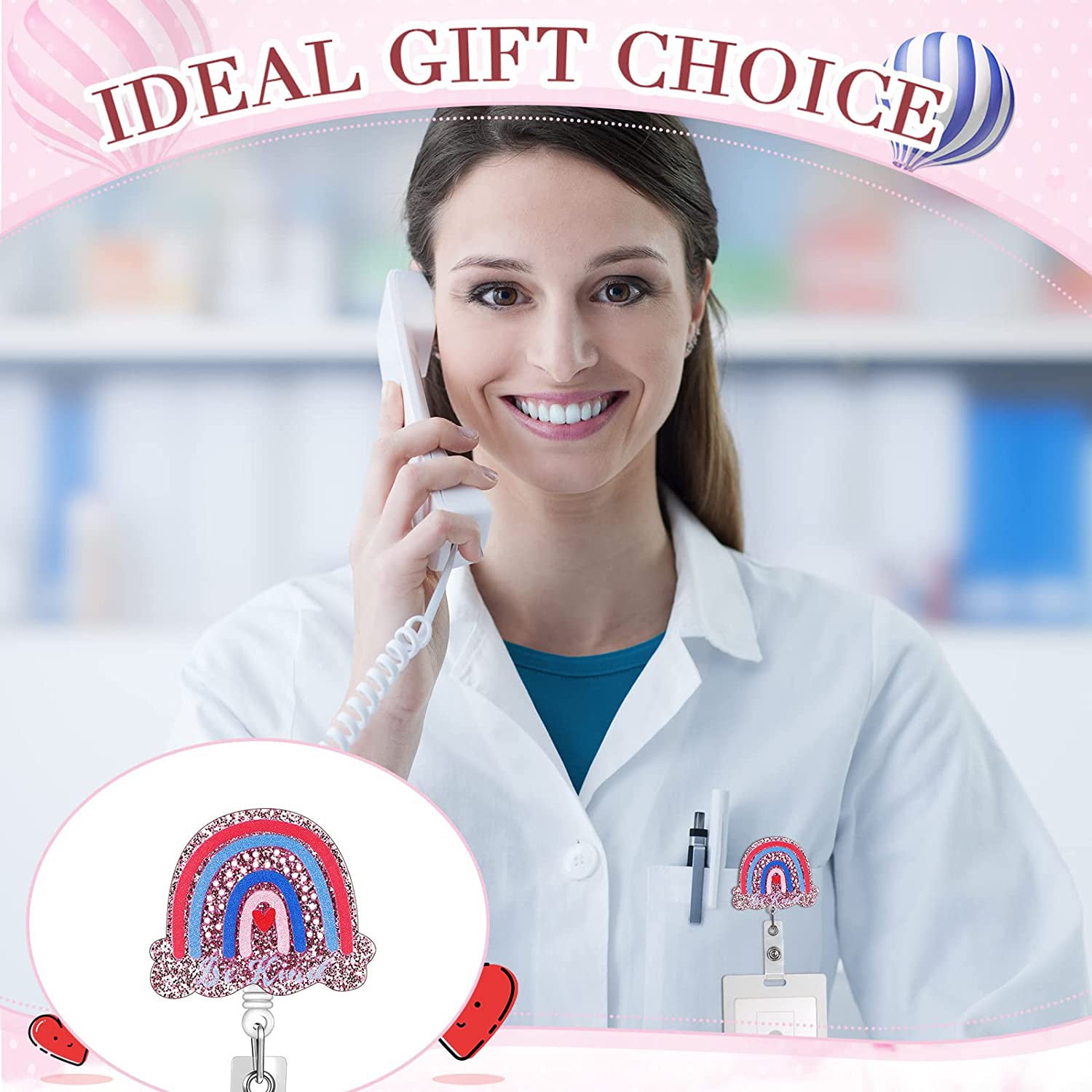 Wholesale Badge Reels Glitter Acrylic Doctor Nurse Rainbow Retractable Keychain