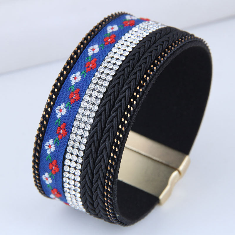 Pulsera de aleación de hebilla magnética de cuero de diamante al por mayor