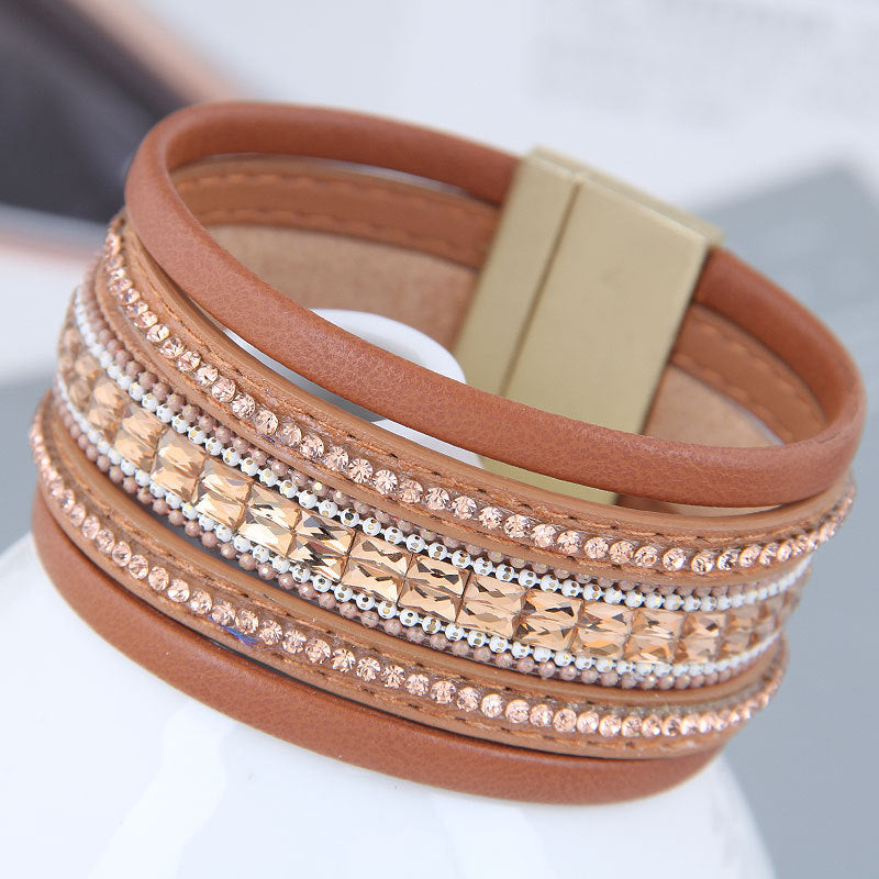 Pulsera de aleación de hebilla magnética de cuero de diamante al por mayor