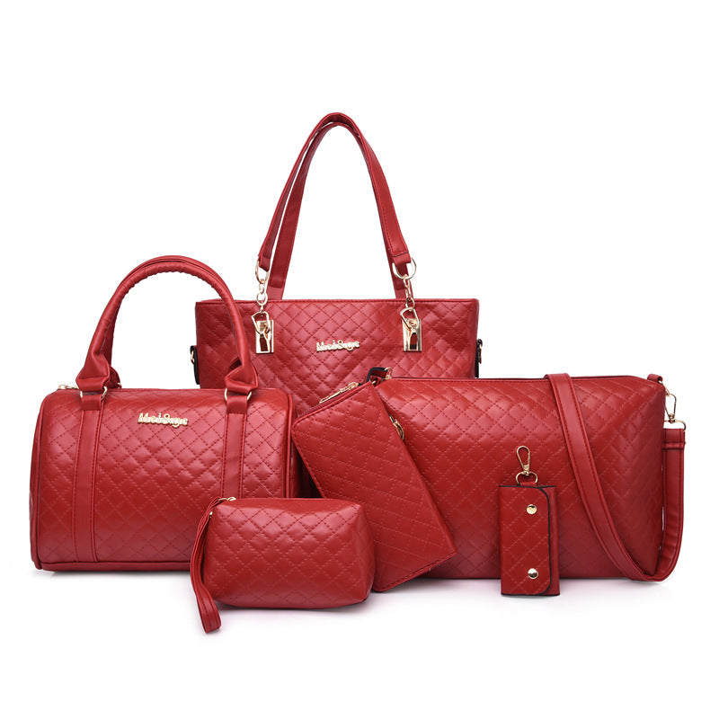 Wholesale PU Rhombus Embroidery Thread Shoulder Handbag Multi-Piece Set