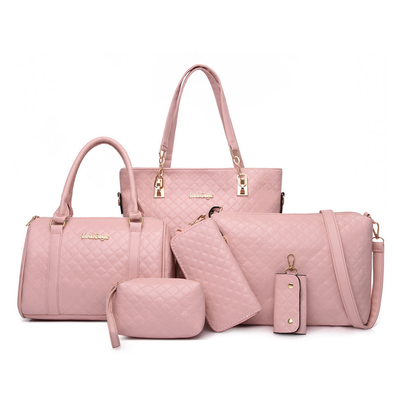 Wholesale PU Rhombus Embroidery Thread Shoulder Handbag Multi-Piece Set