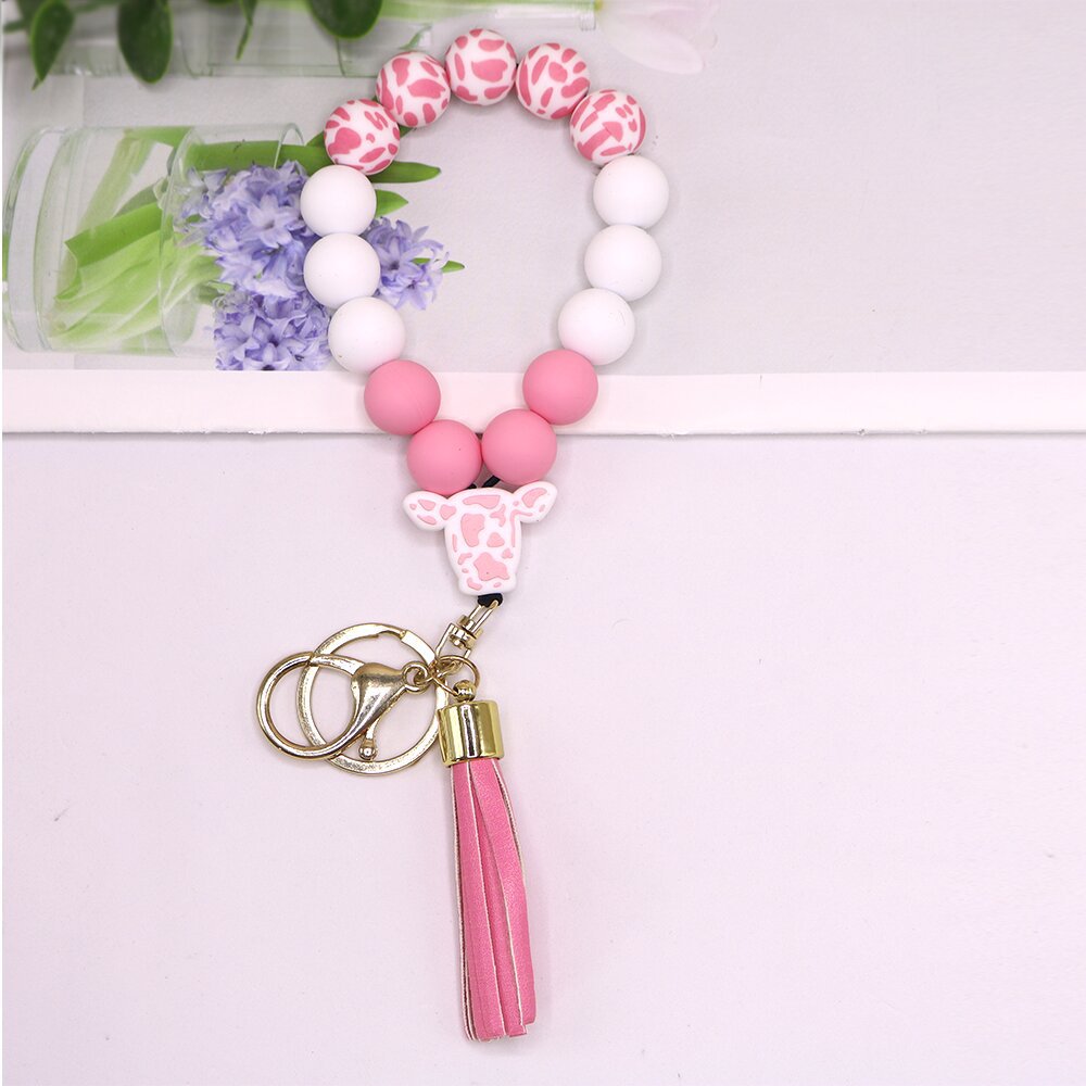 Wholesale Color Cow Silicone Beaded Tassel Wrist Keychain