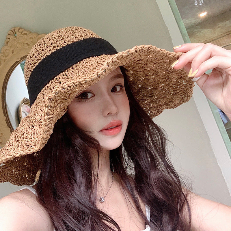 Wholesale Summer Straw Hat with Large Brim and Foldable Sunshade Hat