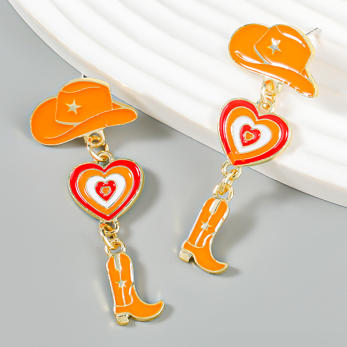 Wholesale Oil Dripping Cowboy Hat Boots Heart Alloy Earrings