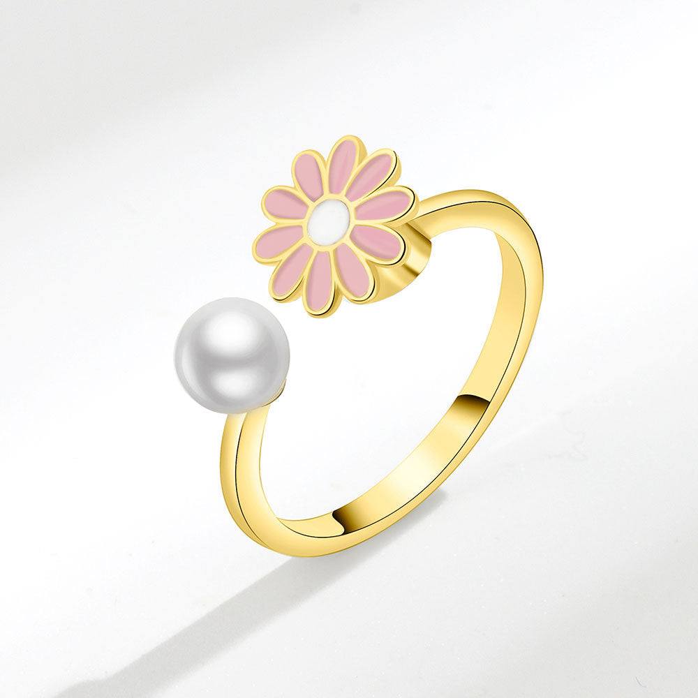Venta al por mayor de anillos ajustables giratorios de cobre Daisy Pearl
