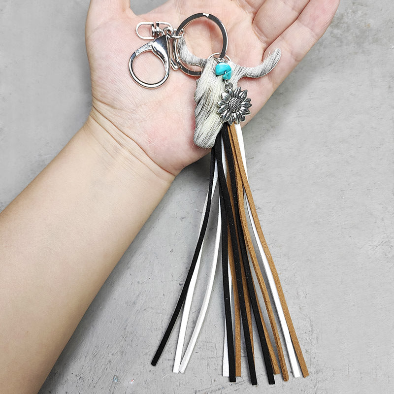 Al por mayor al por mayor del llavero de girasol de tasel de cuero de cuero de cuero un paquete de dos