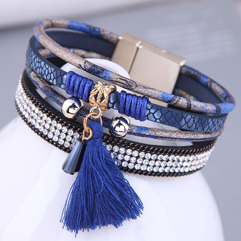 Pulsera de aleación de hebilla magnética de diamantes de cuero al por mayor