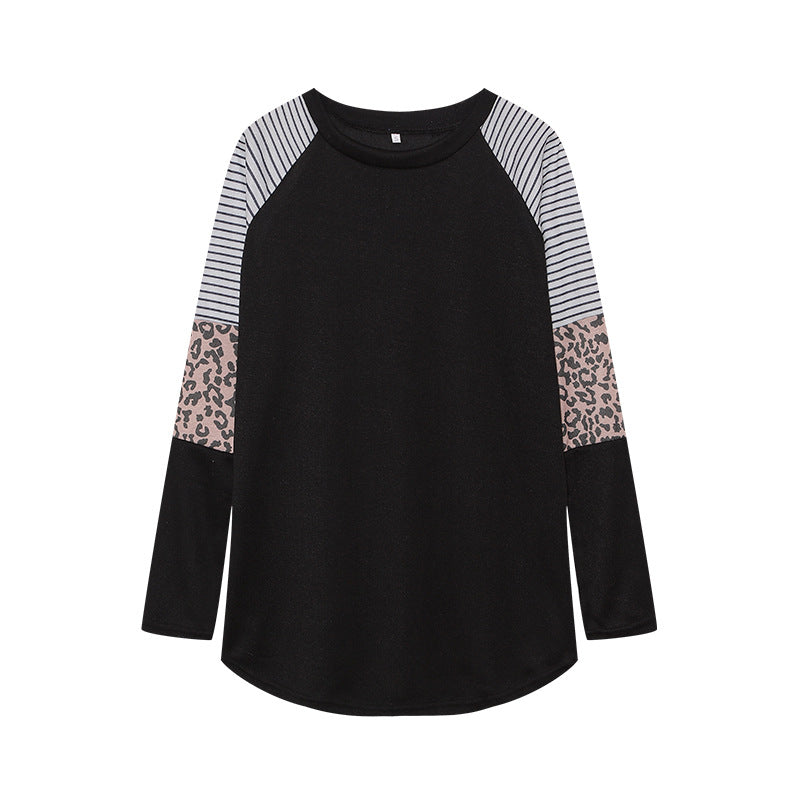 Wholesale Polyester Leopard Print Color Striped Round Neck Long Sleeves