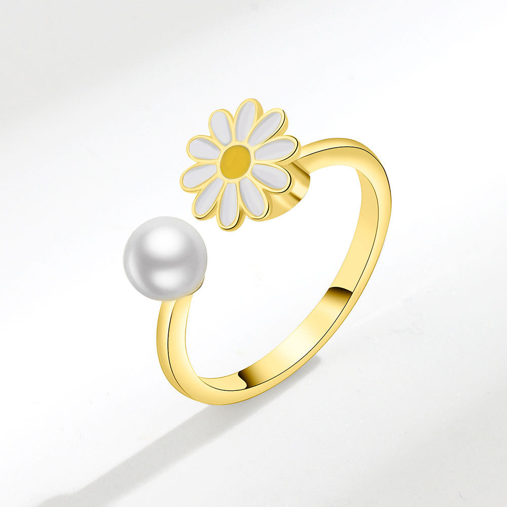 Venta al por mayor de anillos ajustables giratorios de cobre Daisy Pearl
