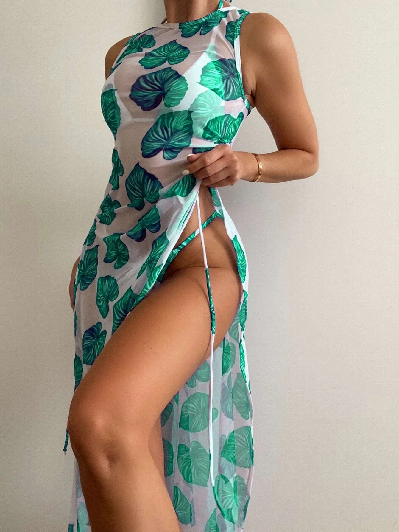 Traje de baño de poliéster de malla de color sólido al por mayor de tres puntos