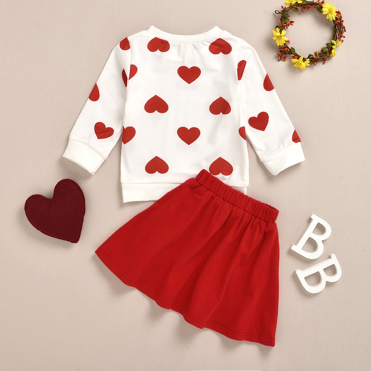 Wholesale Cotton Children's Love Long Sleeved Tops, Red Pleated Skirts