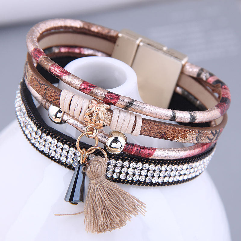 Pulsera de aleación de hebilla magnética de diamantes de cuero al por mayor