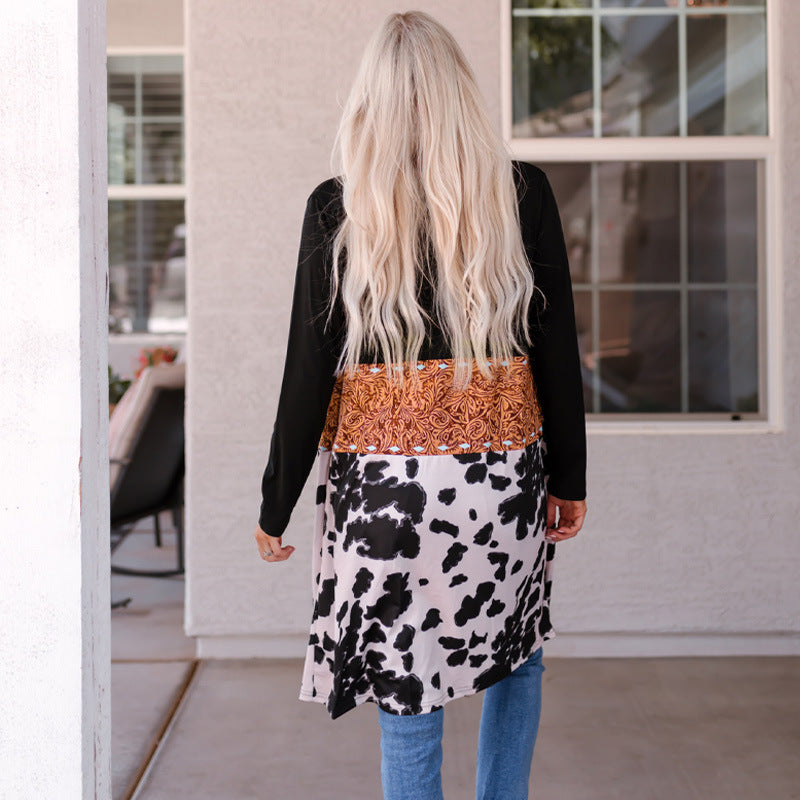 Wholesale Winter Polyester Cow Pattern Western Denim Patchwork Knitted Cardigan Mid Length Jacket