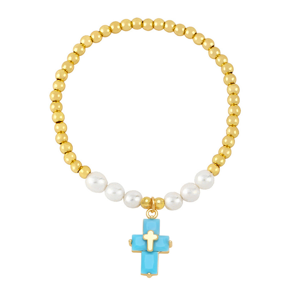 Wholesale Copper Plated Real Gold Cross Pendant Beaded Bracelet