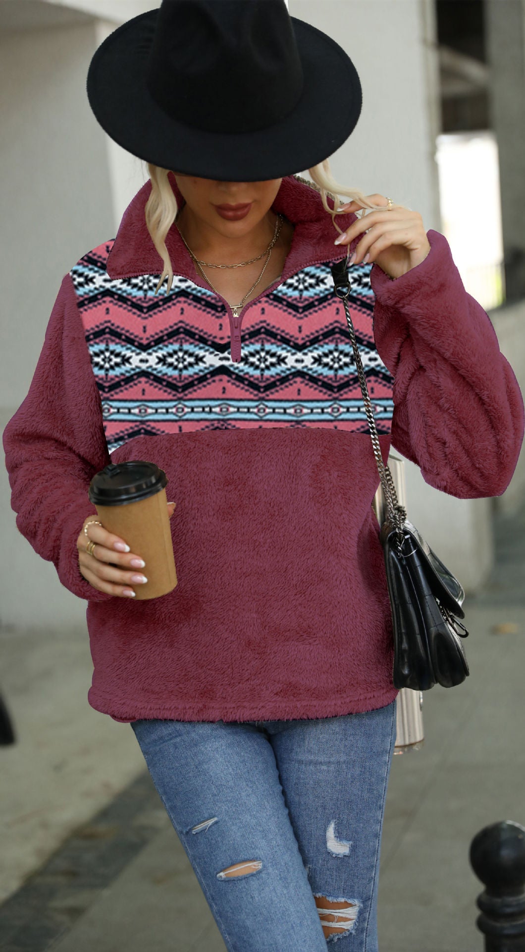 Wholesale Western Style Women's Autumn and Winter Plush Aztec Printed Half-Zip Sweatshirt