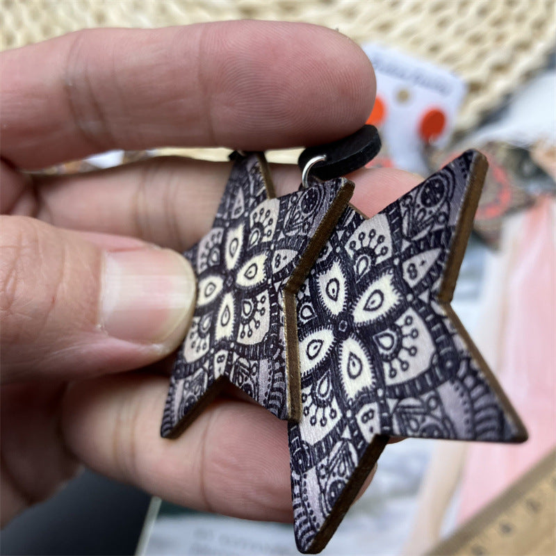 Wholesale Pentagram Vintage Painted Wood Earrings