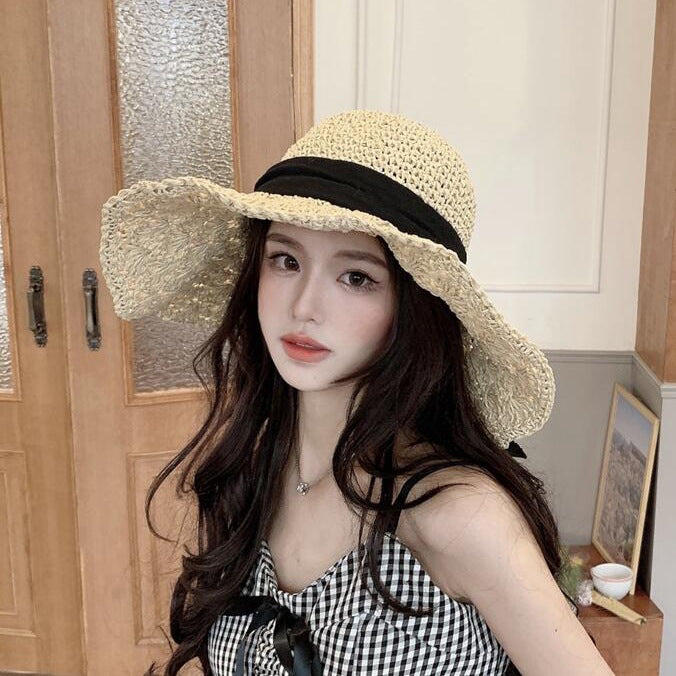 Wholesale Summer Straw Hat with Large Brim and Foldable Sunshade Hat