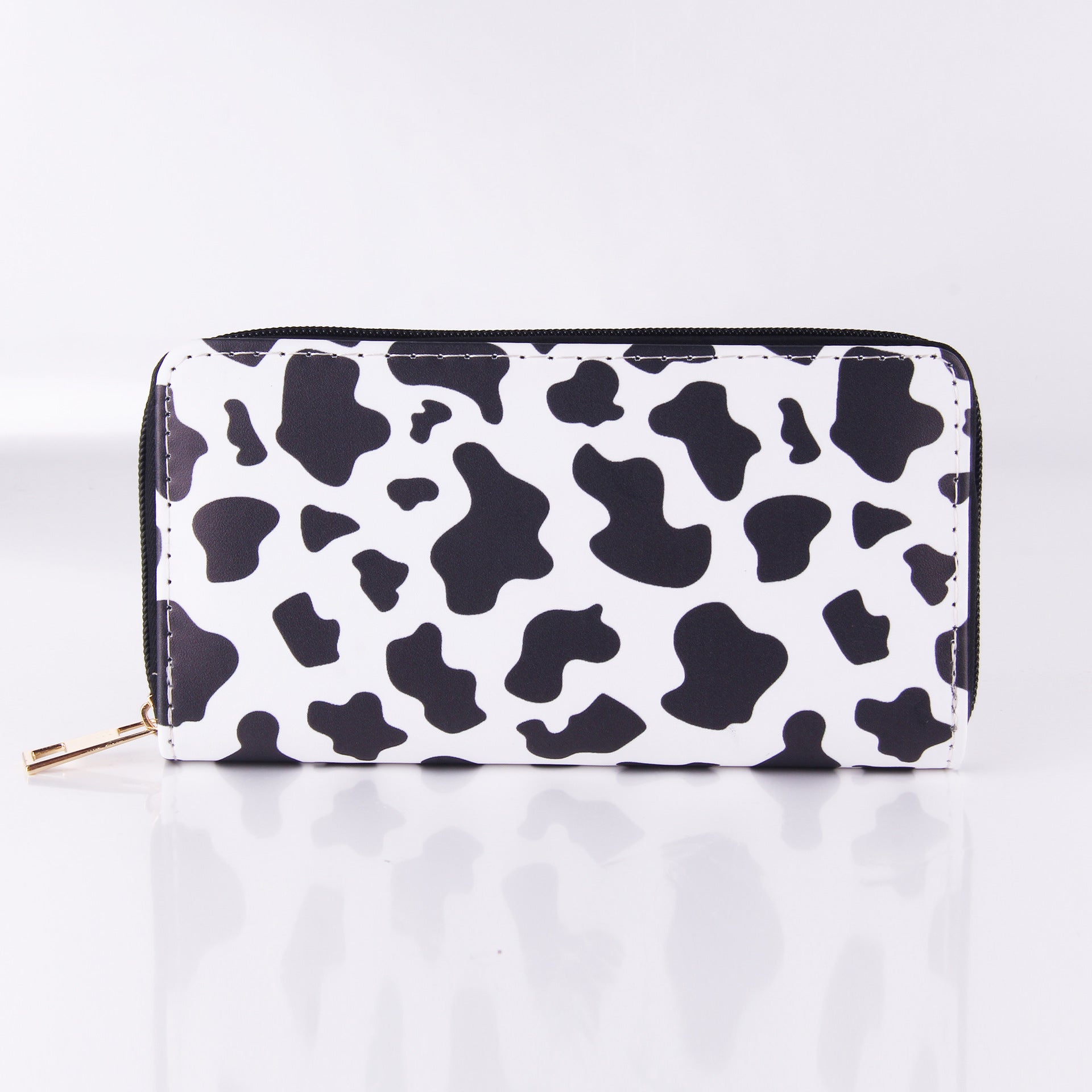 Venta al por mayor Cartera larga con cremallera de PU con patrón de vaca