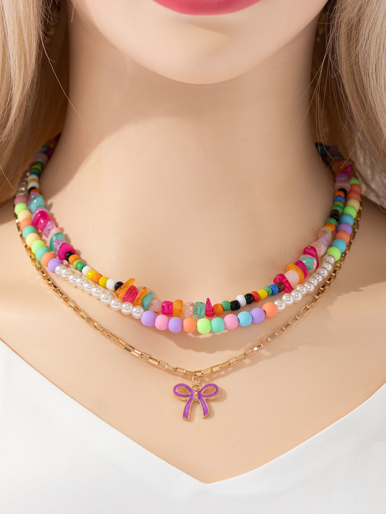 Wholesale Rice Beads Acrylic Drip Oil Bow Necklaces