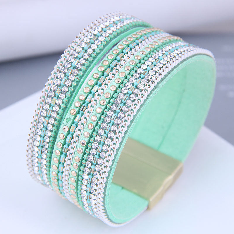 Pulsera de aleación de hebilla magnética de diamantes de cuero al por mayor
