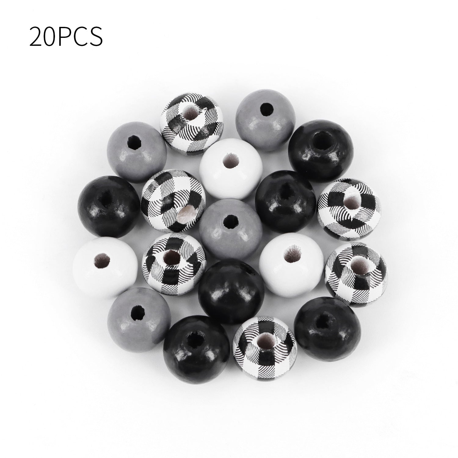 Venta al por mayor 20PCS / Pack 15MM Cuentas de madera a cuadros en blanco y negro
