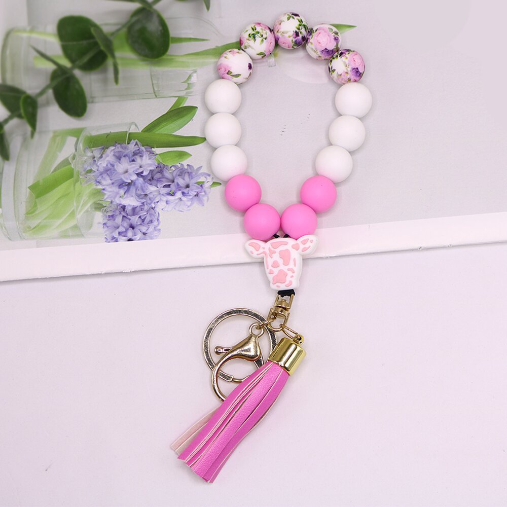 Wholesale Color Cow Silicone Beaded Tassel Wrist Keychain