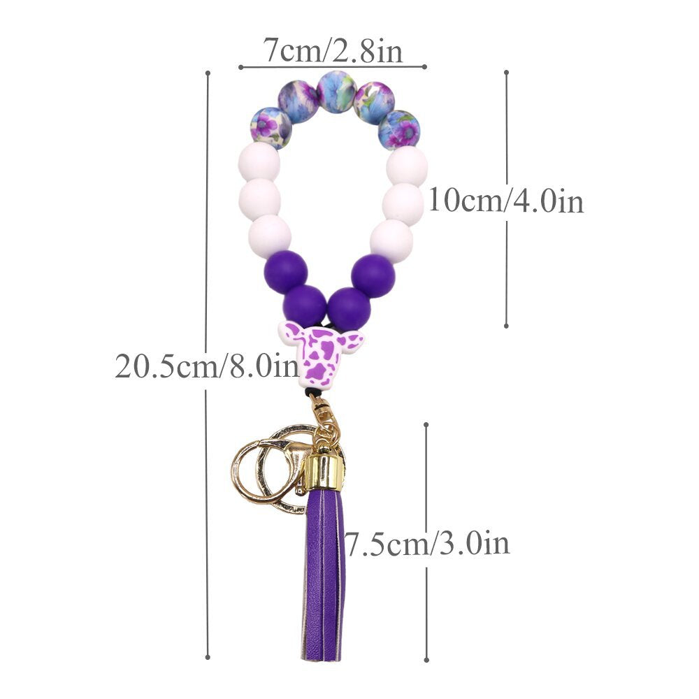 Wholesale Color Cow Silicone Beaded Tassel Wrist Keychain