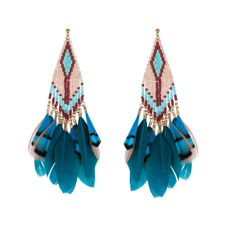 Venta al por mayor Pendientes de cuentas con borlas de plumas Boho OLY-ES-LC002
