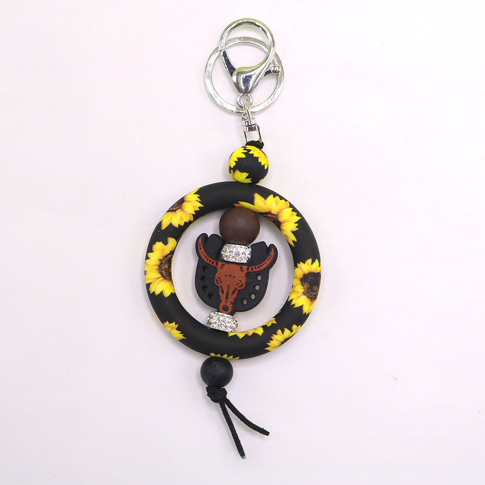 Wholesale Western Wind Cowhead Sunflower Beaded Silicone Ring Keychain