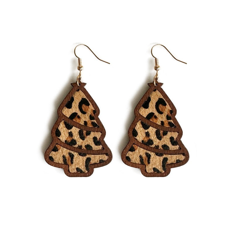 Wholesale Genuine Leather Christmas Tree Leopard Print Horse Hair Wood Inlay Cowhide Lightweight Western Earrings