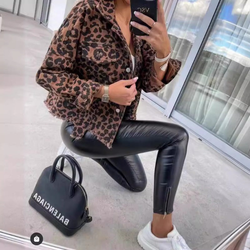 Wholesale Hipster Washed Distressed Leopard-print Raw-edged Denim Jacket