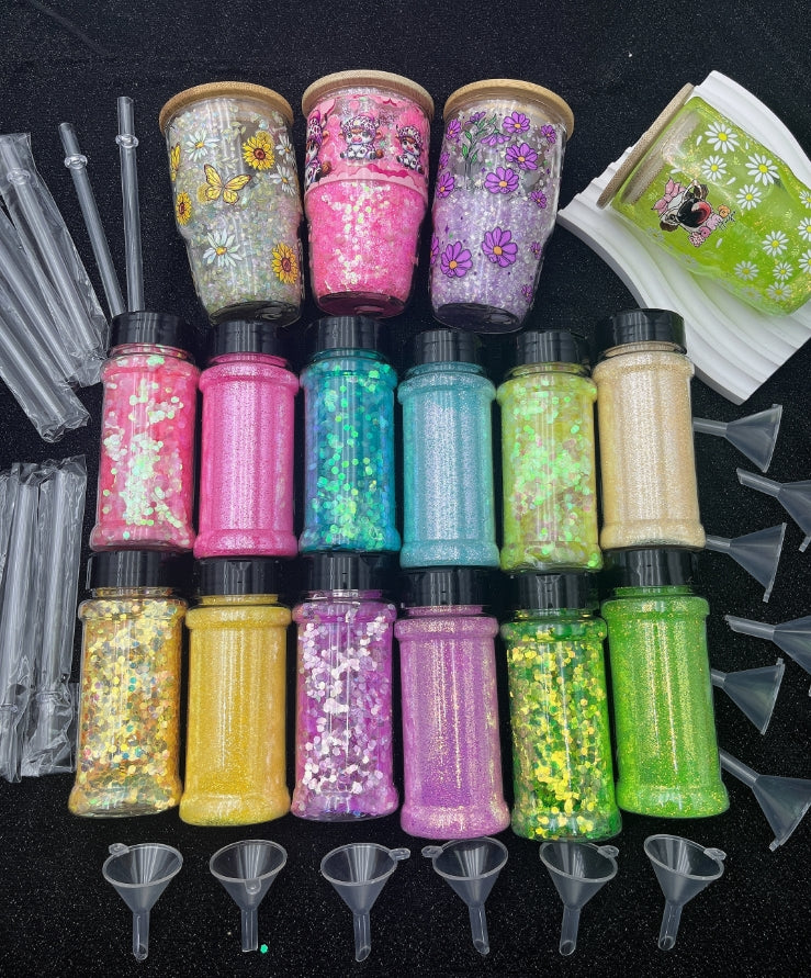 Wholesale Snowgloble 3oz Double Layer Shot Glass One Sets Including One Snowgoble Glass and 2 Boxes Sequin Glitter Filler and One Straw and One Funnel Filling Tool and One Piece Random Style Matching UVdtf Sticker Sets