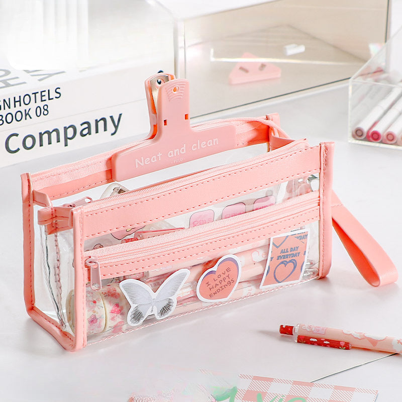 Wholesale Four-layer Transparent Leather Pencil Bag