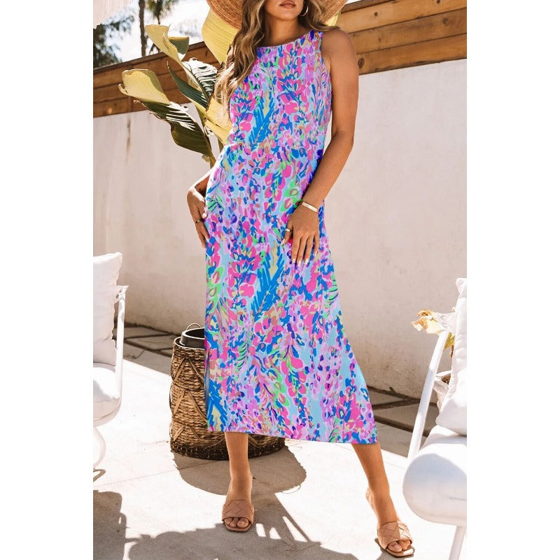 Wholesale Printed Sleeveless Round Neck Pullover Ankle Length Maxi Dress