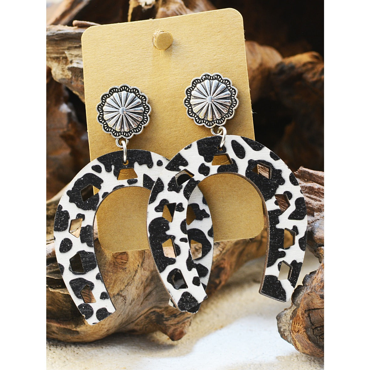 Wholesale of Western Wind Cow Pattern Turquoise Alloy Horseshoe Leopard Pattern Cross Leather Earrings