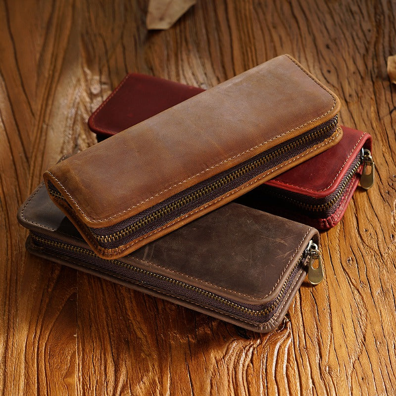 Wholesale First Layer Cowhide Retro Square Men's Zipper Pencil Case