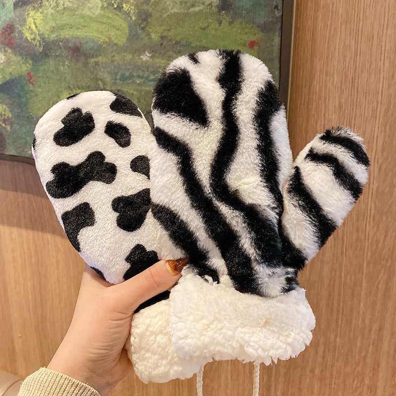 Wholesale Warm Thickened Plush Zebra Print Cow Print Gloves