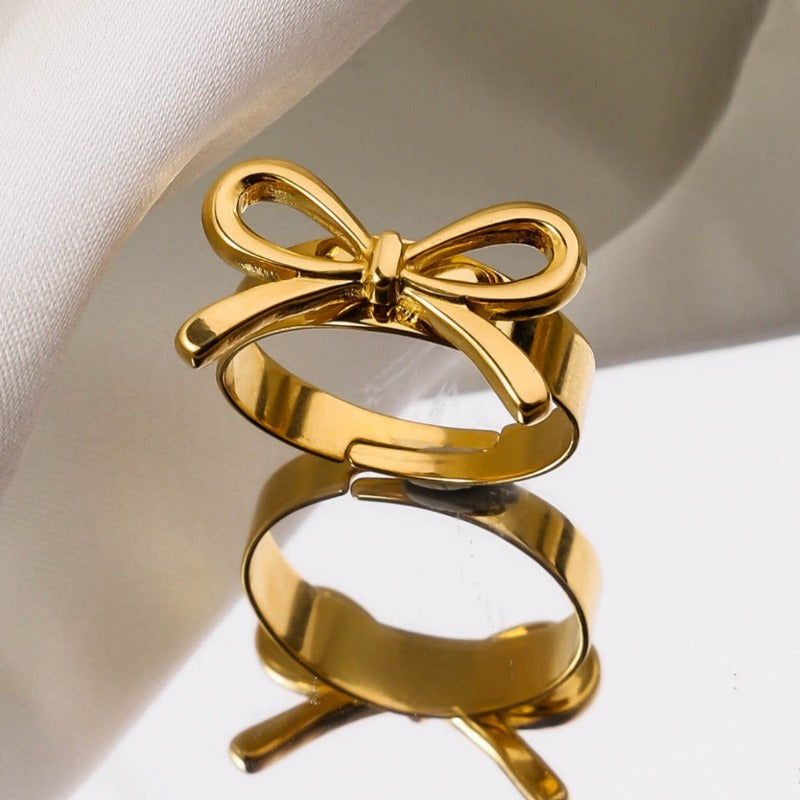 Wholesale Ribbon Knot Heart shaped 18K Real Gold Open Mouth Adjustable Luxury Stainless Steel Rings