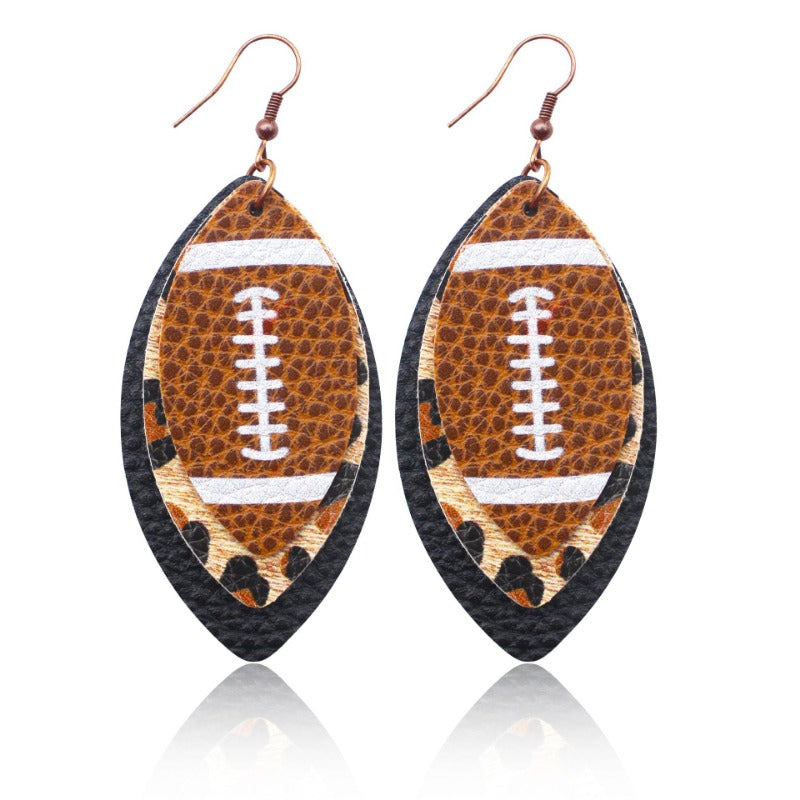 Wholesale Sports Style Rugby Brown Leopard Print Leaf Three-layer Leather Dot Diamond Rugby Earrings