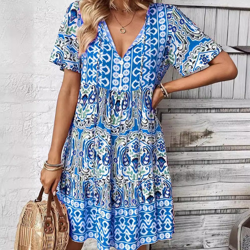 Wholesale Loose V Neck Fashion Bohemian Print Dress