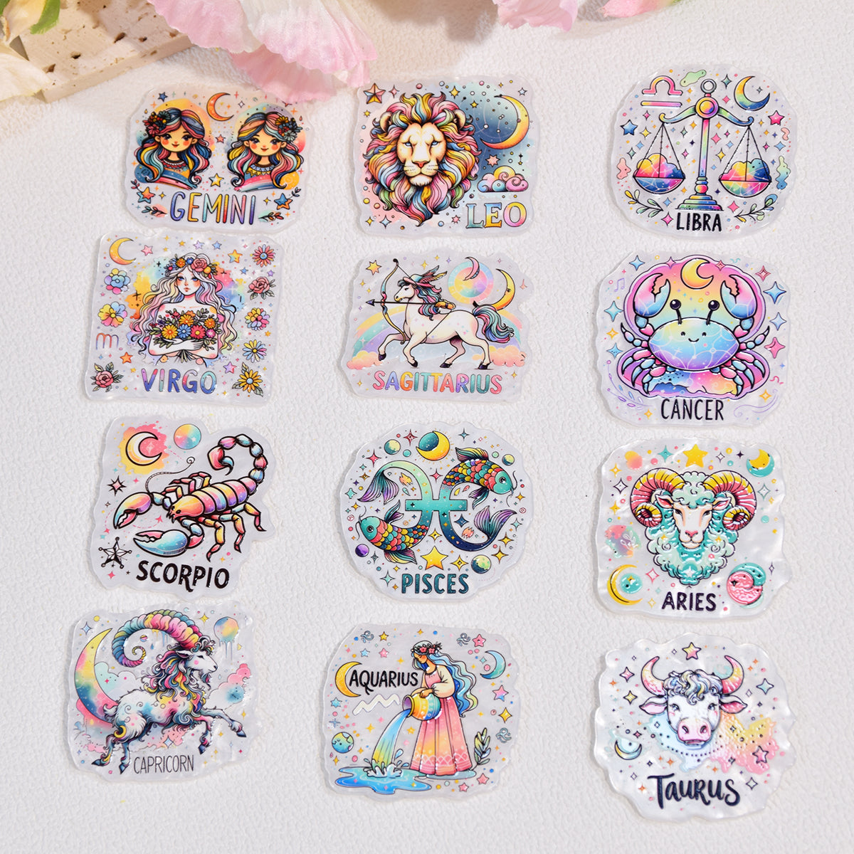 Wholesale 12pcs/Pack Twelve Zodiac Signs Transparent DIY Acrylic Flatbacks for Badge Reels Keychains