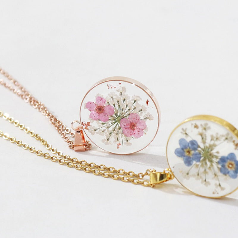 Wholesale 6pcs Rose Gold Forget-me-not Dried Flower Transparent Resin Necklace